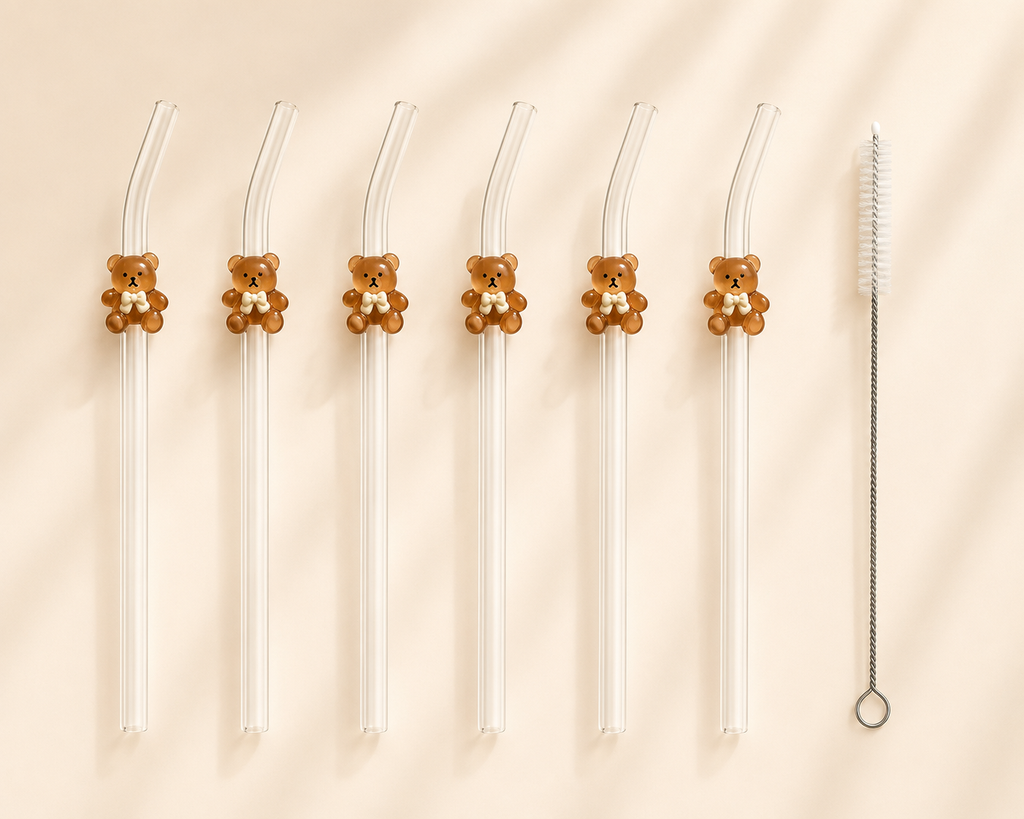 Pailles en Verre Ours – Set Cocooning Réutilisable