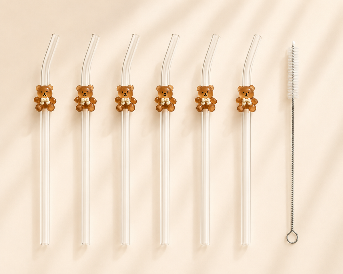 Pailles en Verre Ours – Set Cocooning Réutilisable